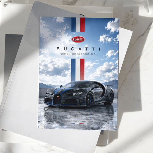 Bugatti Chiron Super Sport 300+ poster displayed on a desk, featuring the iconic black hypercar against a scenic mountain backdrop, premium automotive wall art