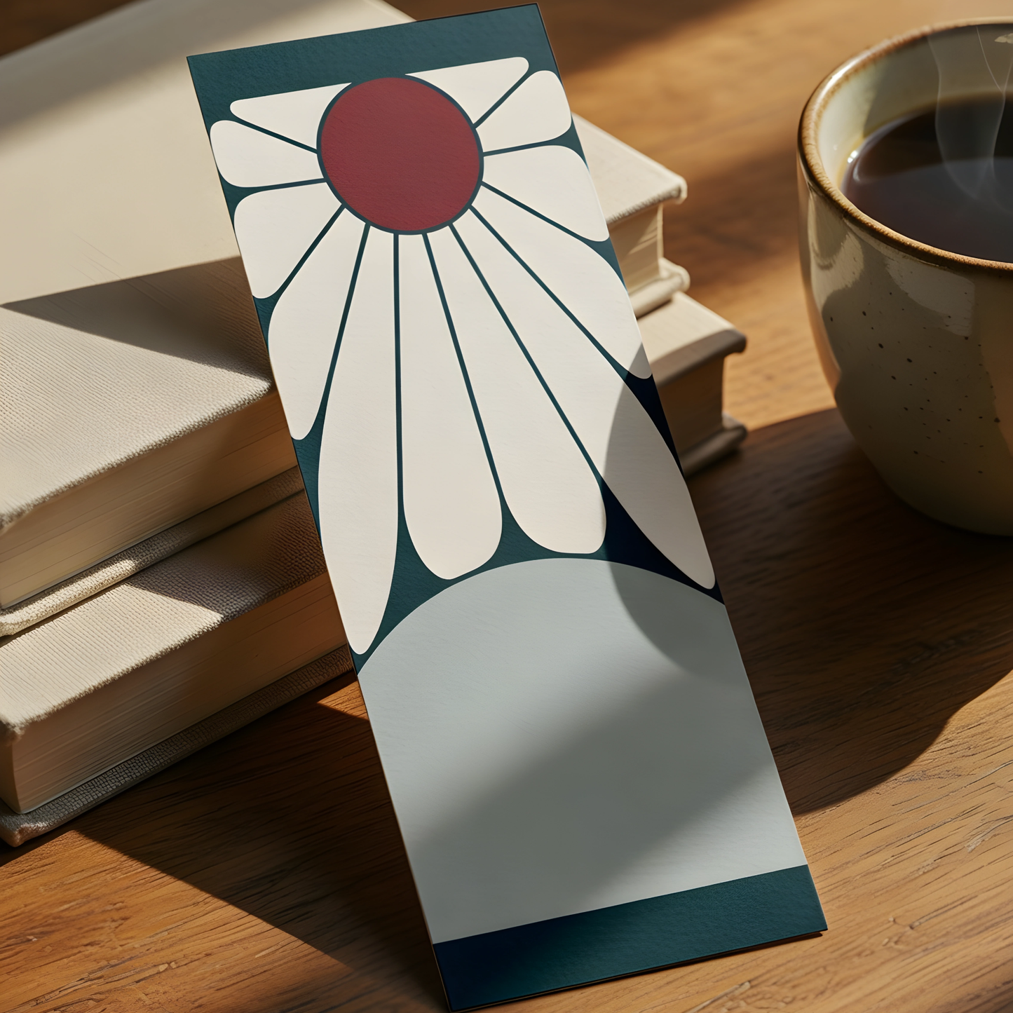 Minimalist flower bookmark displayed beside books and a coffee cup, aesthetic floral bookmark for readers, students, and journal lovers