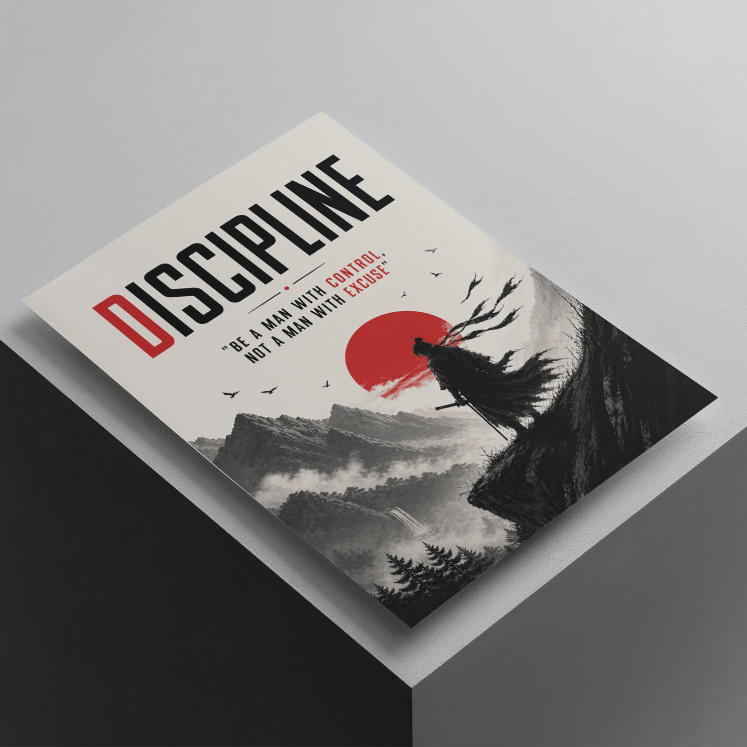 Discipline motivational poster featuring a lone warrior and red sun landscape, inspirational wall art promoting self-control, focus, and personal growth.
