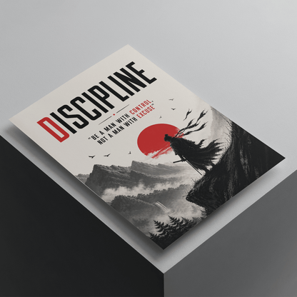 Discipline motivational poster featuring a lone warrior and red sun landscape, inspirational wall art promoting self-control, focus, and personal growth.