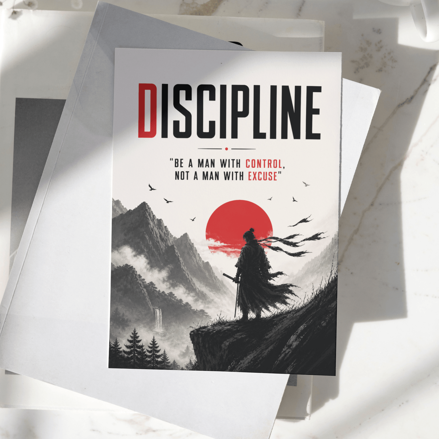 Discipline motivational poster displayed on a desk, featuring a lone warrior silhouette, mountain landscape, and red sun artwork, premium inspirational wall art print.