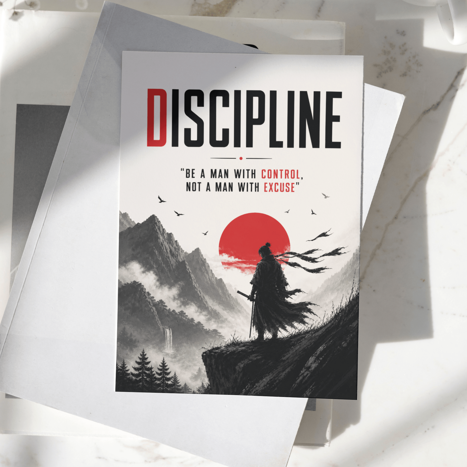 Discipline motivational poster displayed on a desk, featuring a lone warrior silhouette, mountain landscape, and red sun artwork, premium inspirational wall art print.