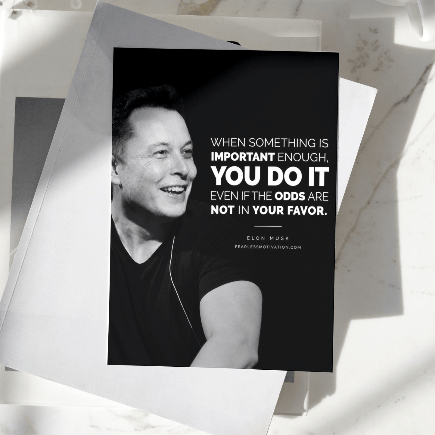 Elon Musk motivational poster displayed on a desk, featuring an inspirational quote about persistence and determination, premium entrepreneur wall art print.