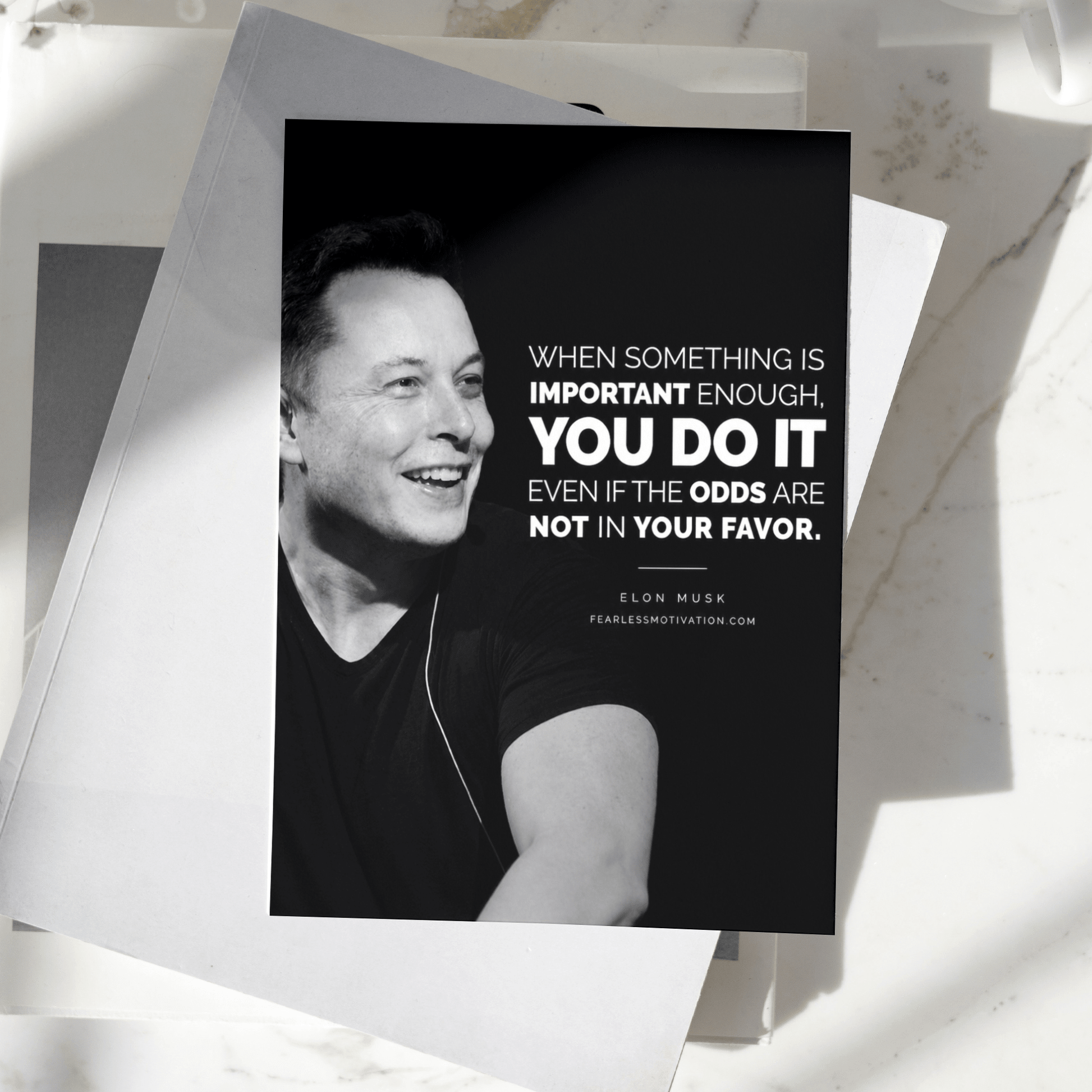 Elon Musk motivational poster displayed on a desk, featuring an inspirational quote about persistence and determination, premium entrepreneur wall art print.