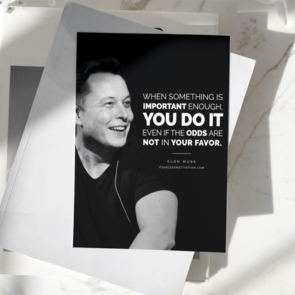 Elon Musk motivational poster displayed on a desk, featuring an inspirational quote about persistence and determination, premium entrepreneur wall art print.