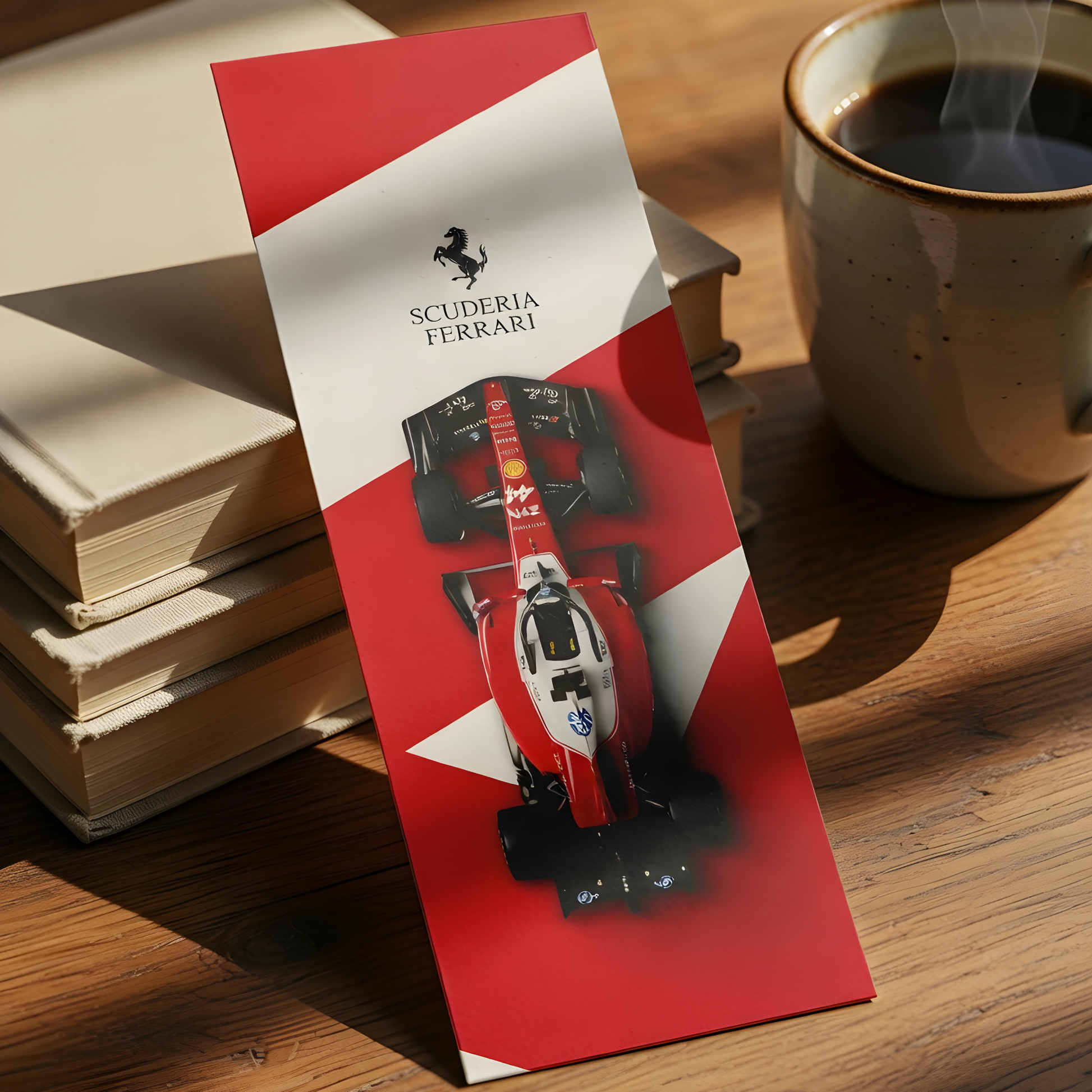 Scuderia Ferrari Formula 1 bookmark displayed beside books and a coffee cup, premium motorsport bookmark for F1 fans, readers, and collectors.