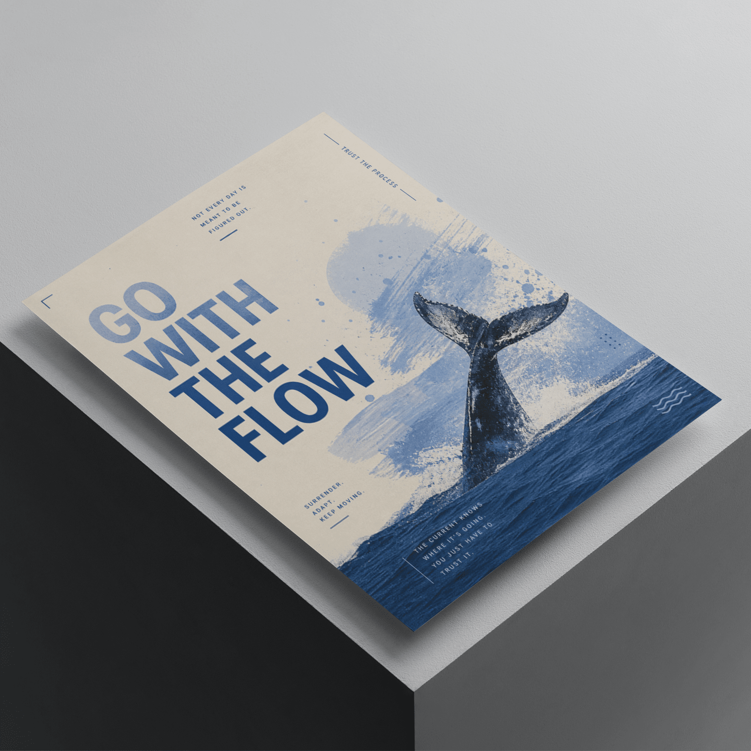 Go With The Flow motivational poster featuring a whale tail emerging from the ocean, inspirational wall art with calming blue aesthetic design