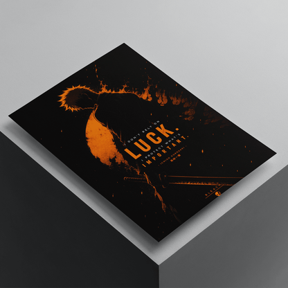 Ichigo Kurosaki motivational anime poster featuring the quote 'Luck is Important' with dark orange silhouette artwork inspired by Bleach.