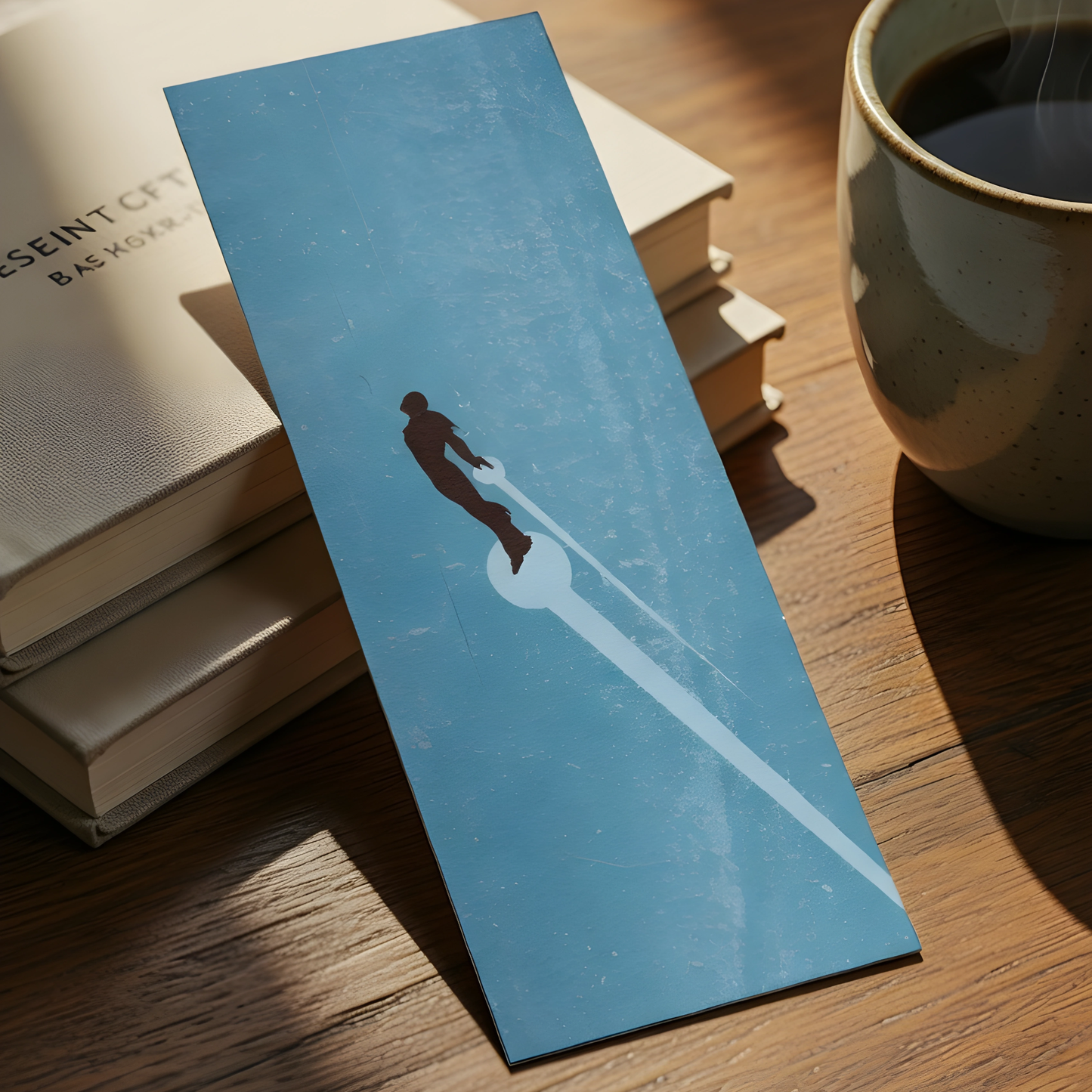 Minimalist astronaut bookmark displayed beside books and a coffee cup, featuring a lone space traveler against a blue sky background, premium bookmark for readers and space enthusiasts