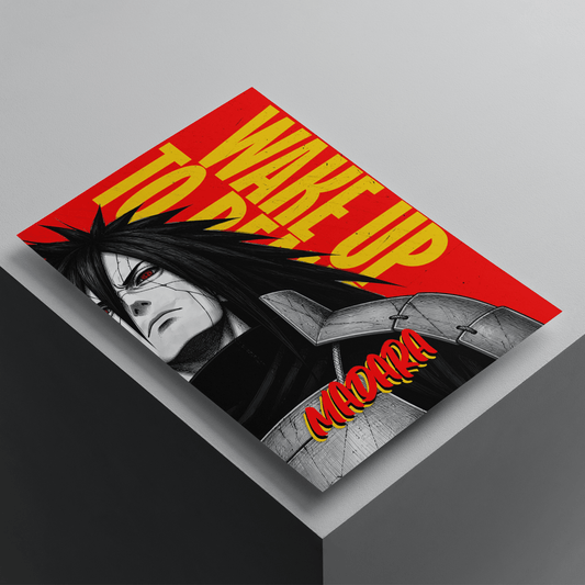Madara Uchiha anime poster featuring the legendary Naruto villain with bold red and yellow typography, premium anime wall art print