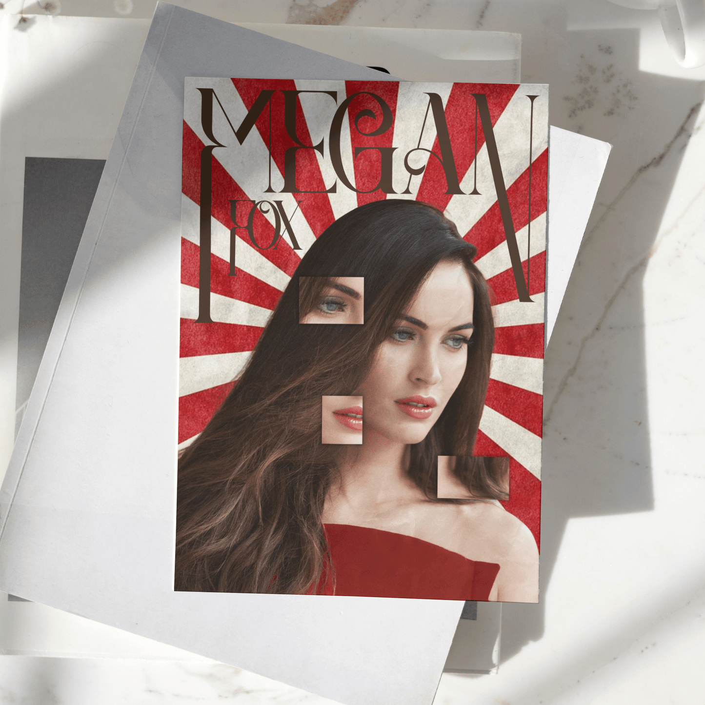 Megan Fox poster featuring a creative collage portrait design displayed on a desk, premium celebrity wall art print with red vintage background.