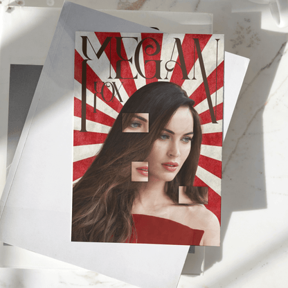 Megan Fox poster featuring a creative collage portrait design displayed on a desk, premium celebrity wall art print with red vintage background.