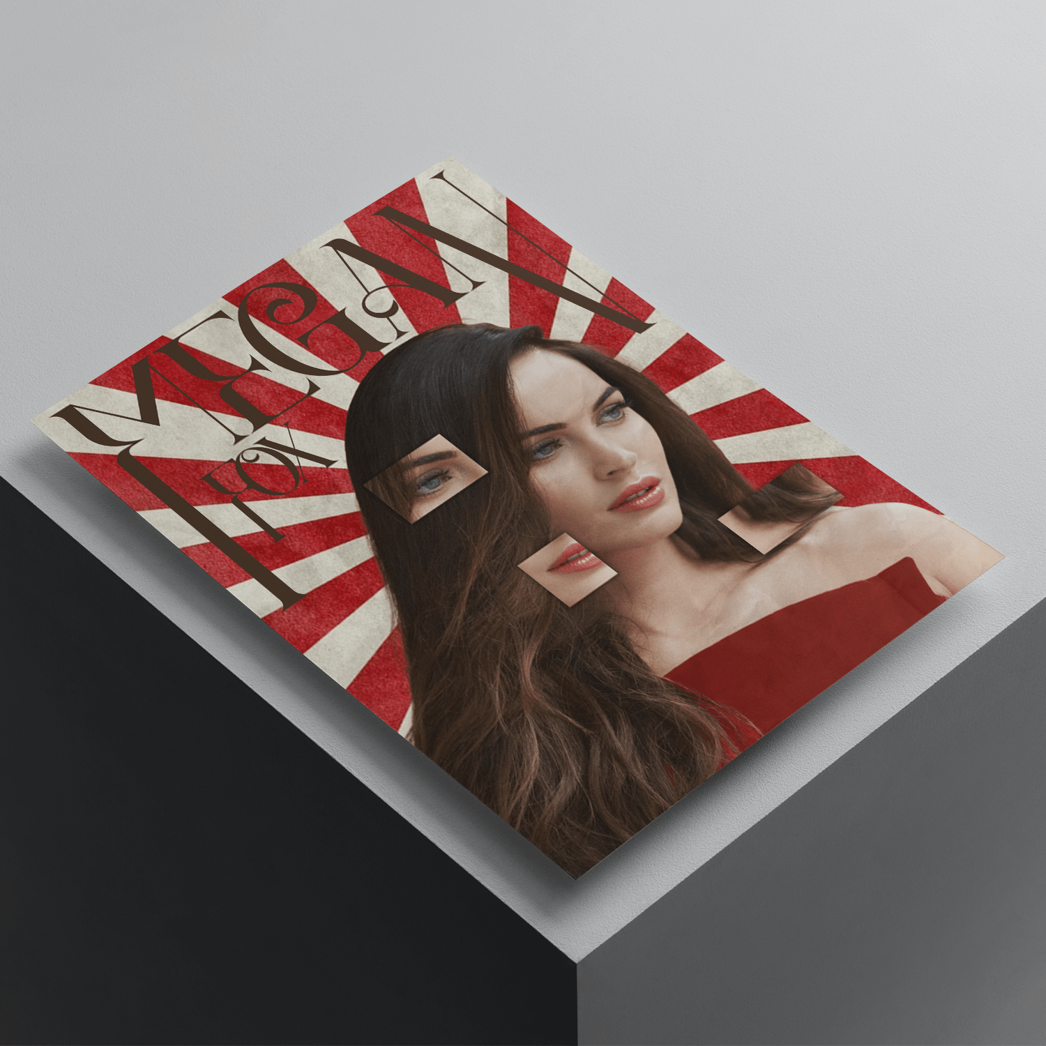Megan Fox fashion poster featuring a creative collage design with red and white geometric background, premium celebrity wall art print.