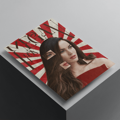Megan Fox fashion poster featuring a creative collage design with red and white geometric background, premium celebrity wall art print.