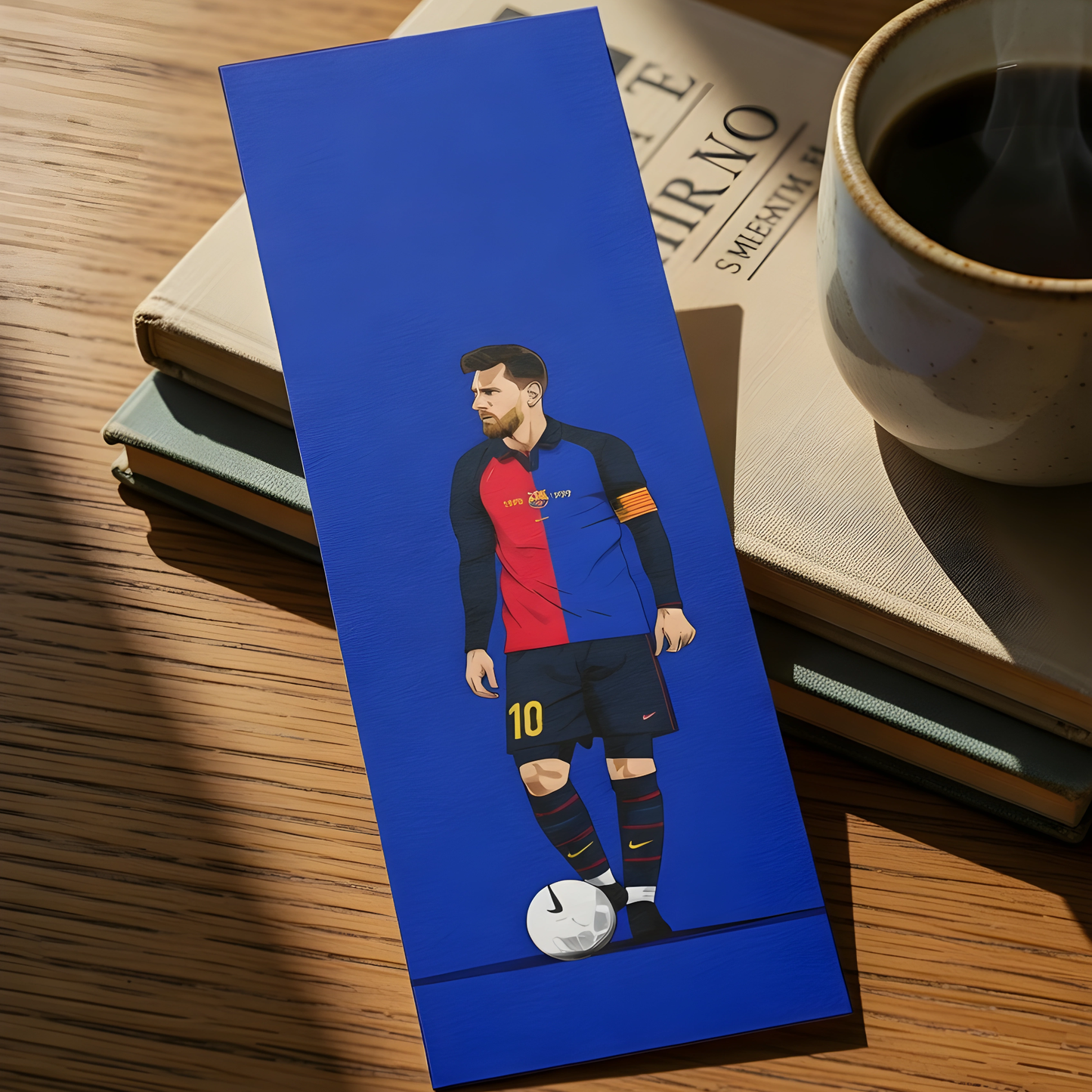 Lionel Messi bookmark displayed beside books and a coffee cup, featuring the football legend in a Barcelona kit, premium sports bookmark for readers and football fans.