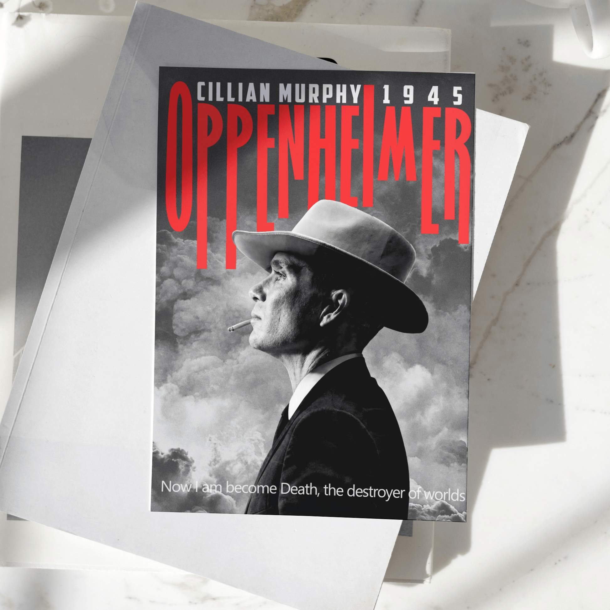 Oppenheimer movie poster featuring J. Robert Oppenheimer portrayed by Cillian Murphy, premium wall art print for bedroom, office, and movie room decor.