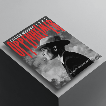 Oppenheimer movie poster featuring Cillian Murphy in a premium A4 print mockup, cinematic wall art inspired by Christopher Nolan's Oppenheimer
