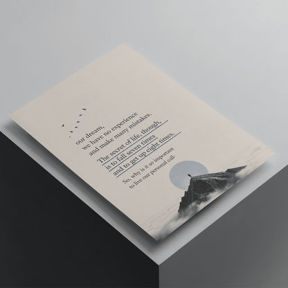 Motivational quote poster about persistence and learning from failure, featuring a minimalist mountain landscape and inspirational typography, premium wall art print