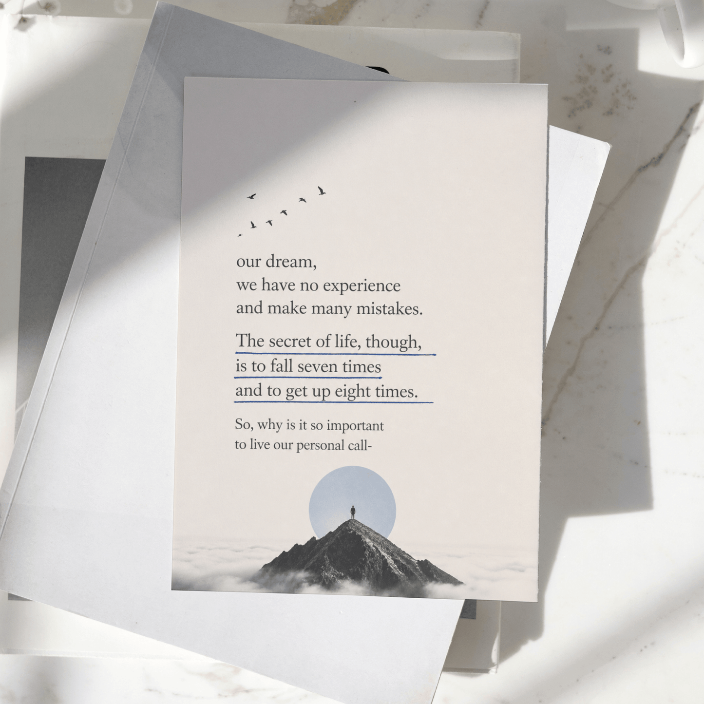 Persistence and resilience motivational quote poster displayed on a desk, featuring a mountain peak illustration and inspirational message about learning from failure, premium wall art print.