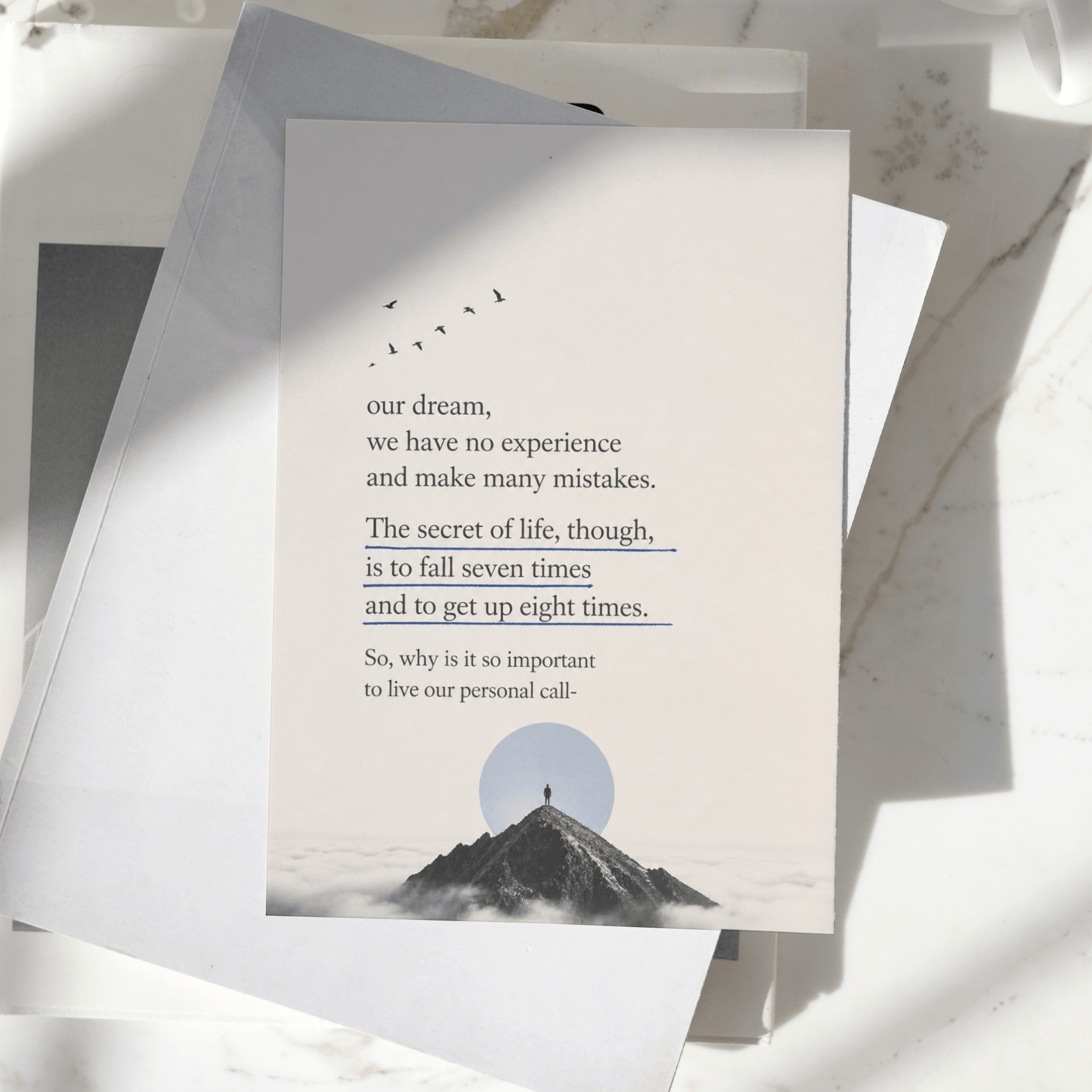 Persistence and resilience motivational quote poster displayed on a desk, featuring a mountain peak illustration and inspirational message about learning from failure, premium wall art print.