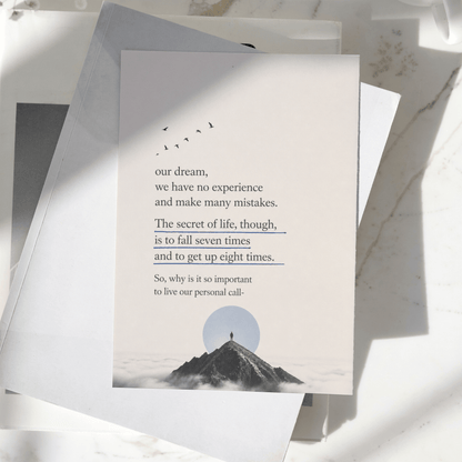 Persistence and resilience motivational quote poster displayed on a desk, featuring a mountain peak illustration and inspirational message about learning from failure, premium wall art print.