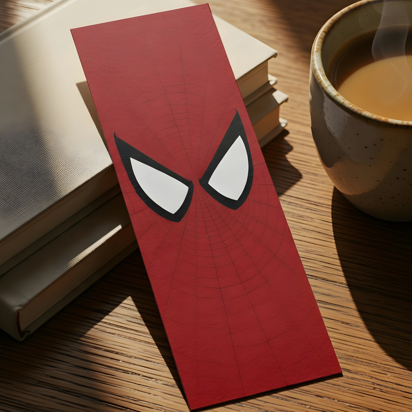 Spider-Man bookmark displayed beside books and a coffee cup, featuring the iconic superhero mask design, premium bookmark for readers, comic fans, and Marvel enthusiasts.