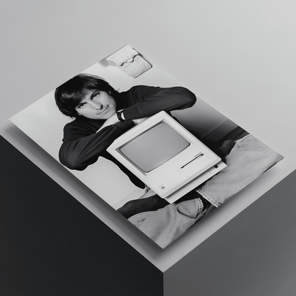 Steve Jobs black and white poster featuring the Apple co-founder with a vintage Macintosh computer, premium tech-inspired wall art print.