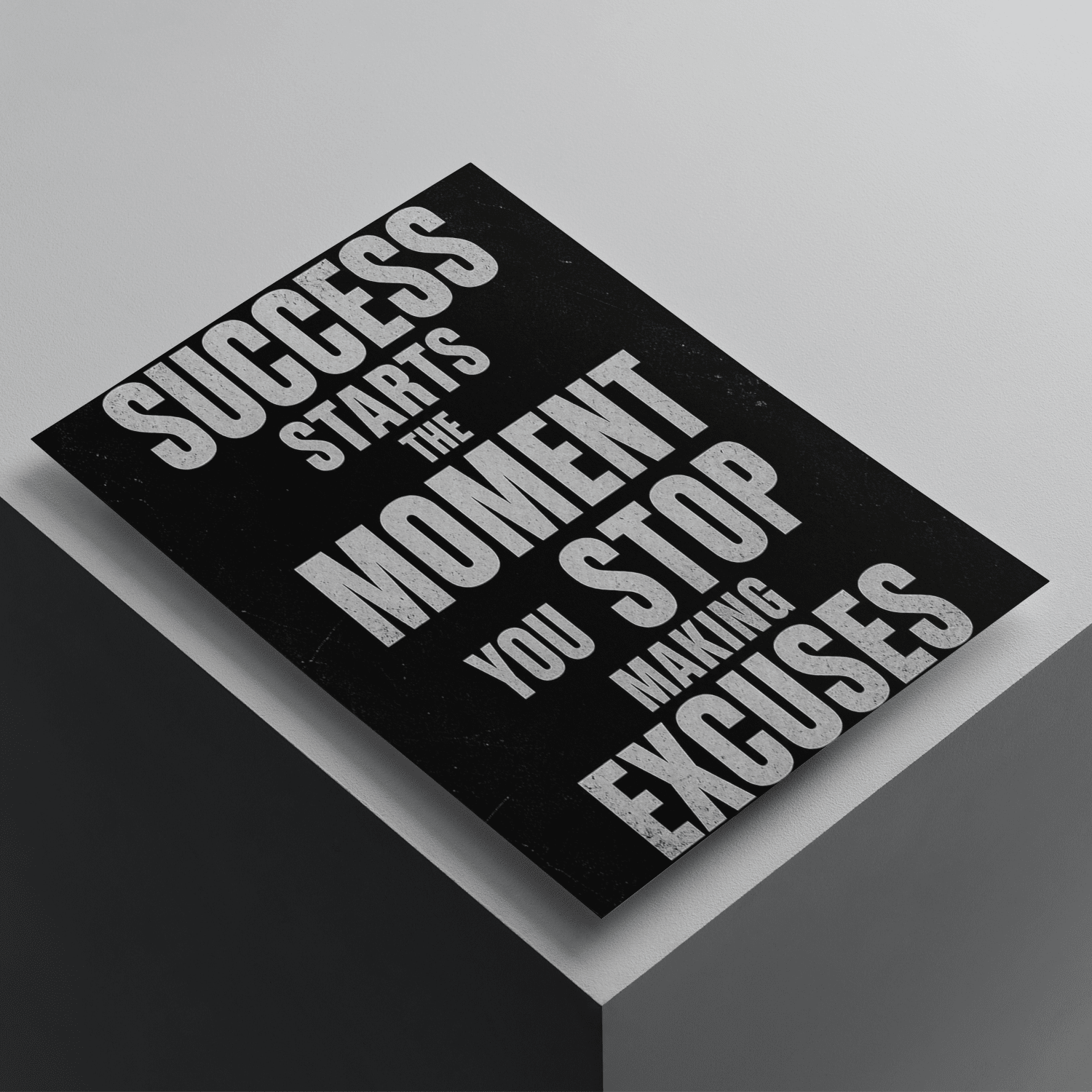 Success Starts The Moment You Stop Making Excuses motivational poster featuring bold typography, premium inspirational wall art for productivity and self-discipline.