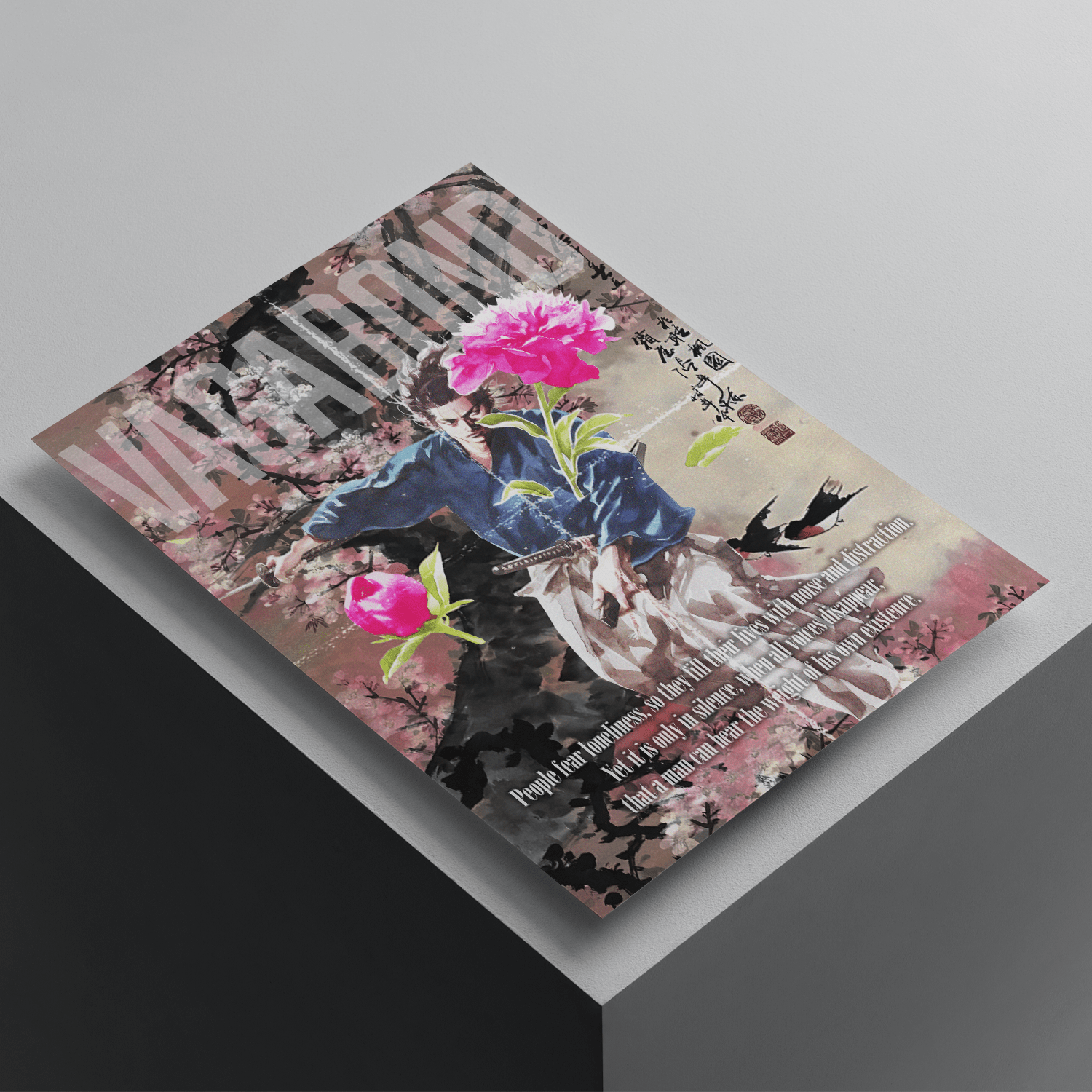 Vagabond anime poster featuring Miyamoto Musashi surrounded by cherry blossoms and floral artwork, premium manga-inspired wall art print
