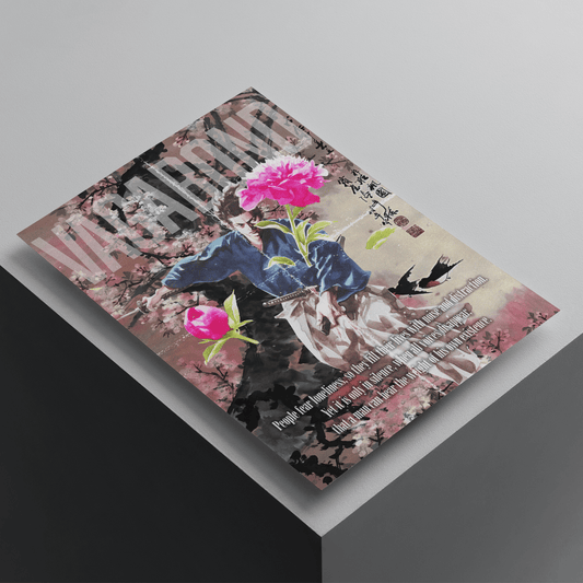 Vagabond anime poster featuring Miyamoto Musashi surrounded by cherry blossoms and floral artwork, premium manga-inspired wall art print